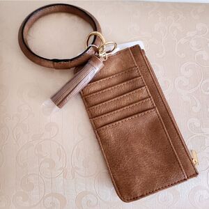 Brown Leather Card Holder with Keychain Wristlet